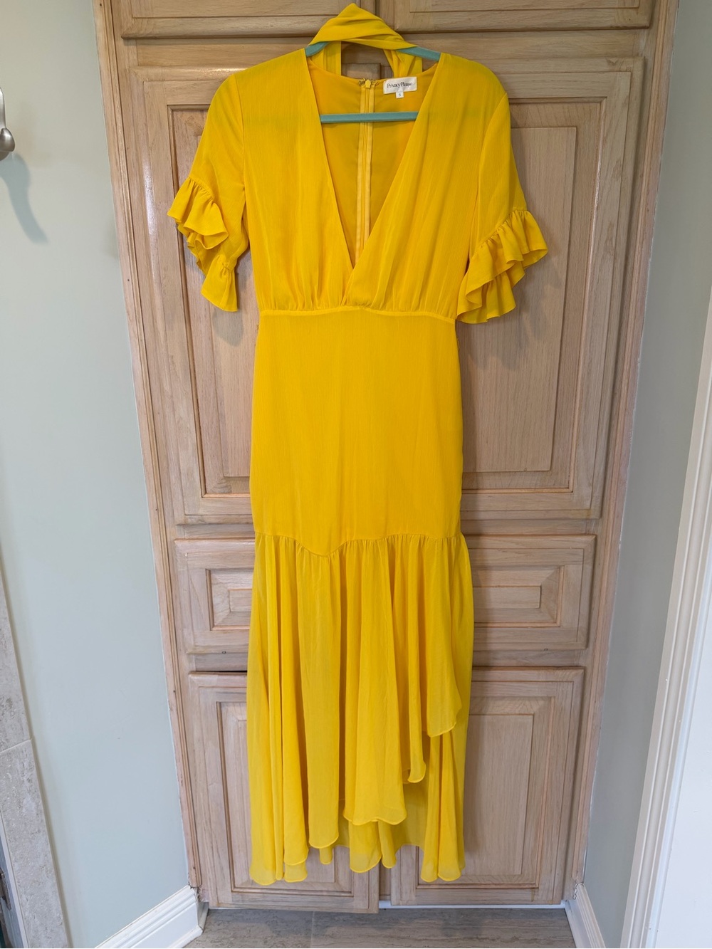 Privacy Please Bright Yellow V-Neck Ruffle Sleeve Maxi Dress